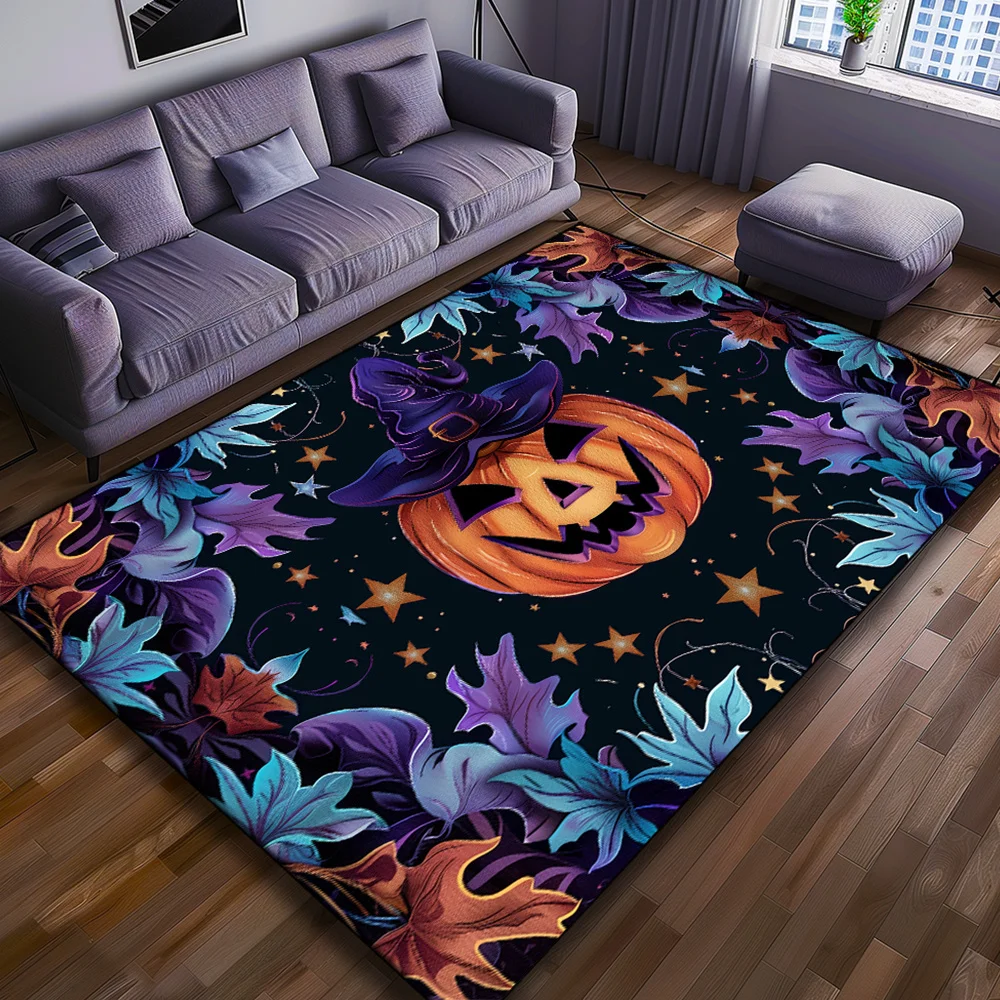 Pumpkin Pattern Polyester Area Rug, Large Halloween Themed Crystal Velvet Carpet Mat for Living Room, Dining Room, Bedroom, Offi
