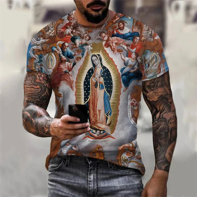 Christen Jungfrau Maria Muster T-Shirt Für Männer Guadalupe 3D Gedruckt T Sommer Casual Harajuku Kurzarm T Shirts Oansatz Tops