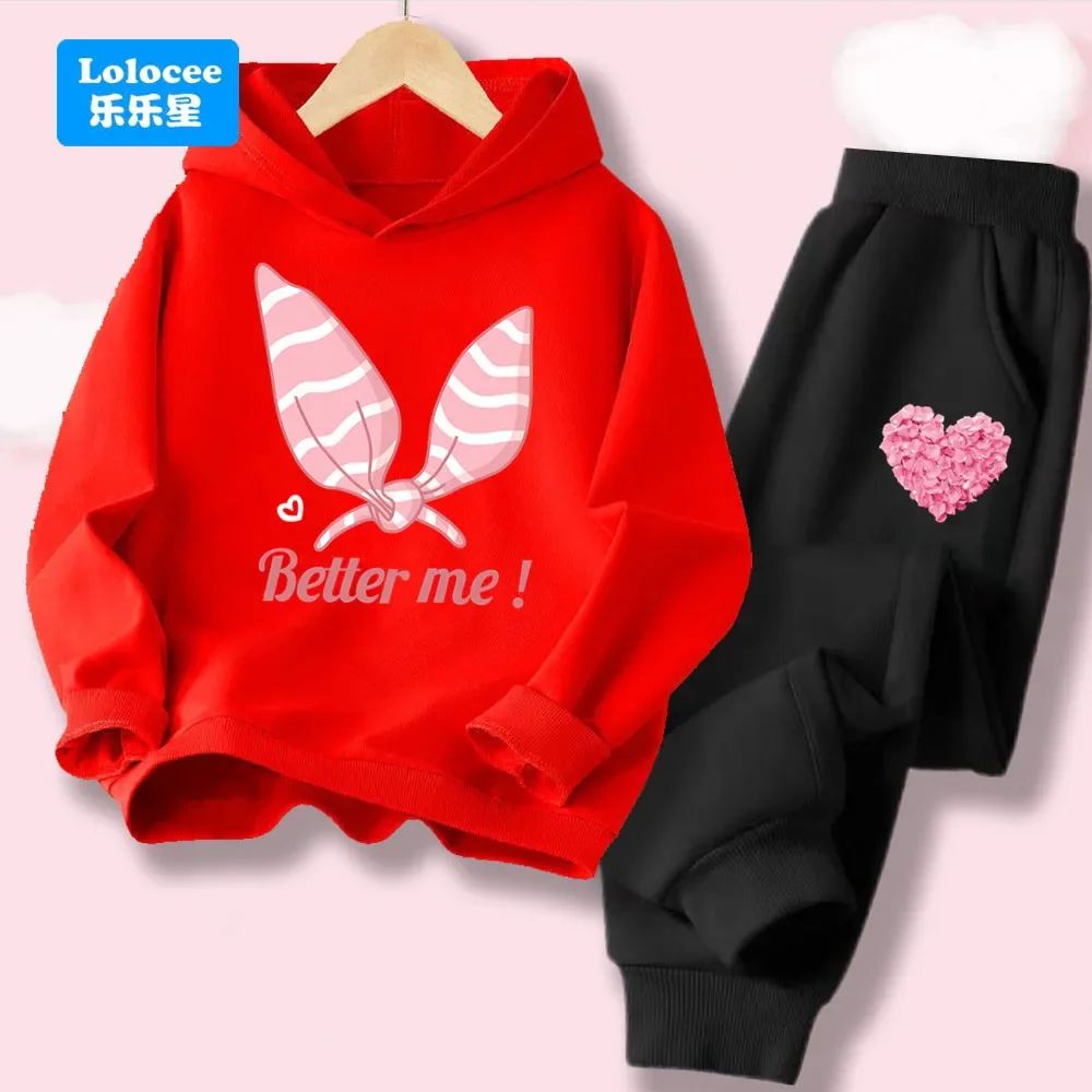 Girls 2 Piece Tracksuit Bunny Ears Print Hoodie And Sweatpants Cotton Casual Outfit