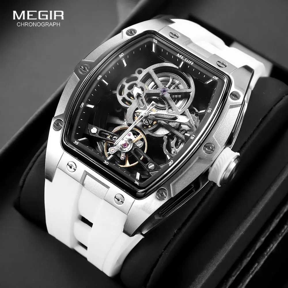 Reloj Mecánico MEGIR 2242 para hombre, reloj de pulsera automático analógico deportivo militar a la moda con correa de silicona blanca, esfera Tonneau