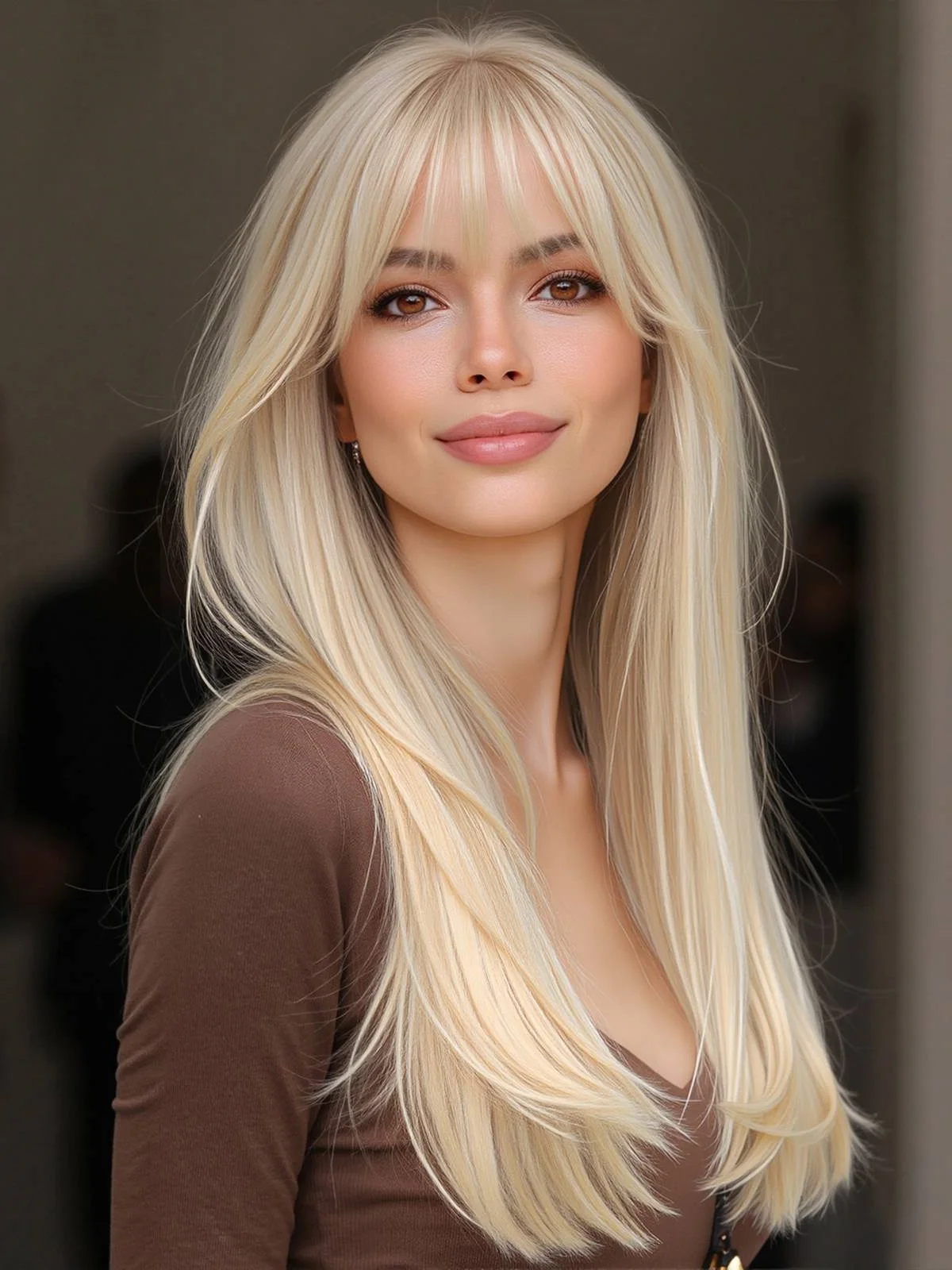 22 Inches Long Straight Wig with Bangs for Woman Light Beige Blonde Synthetic Wig for Girls Platinum Blonde Heat Resistant Fiber Natural Looking Halloween Wig Suitable for Cosplay Party Costume Daily Wear