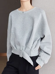 Stylish Grey Sweatshirts Autumn Winter Women Plain Long Sleeve Belt Waist Loose Casual Oversize Pullovers Korean Short Jumper