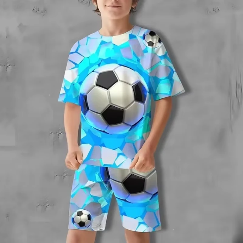 Boy Clothes Summer 3D Printed Football T-Shirt Short Sleeve Jersey Sets for Children Quick-Dry Breathe Children's Clothing