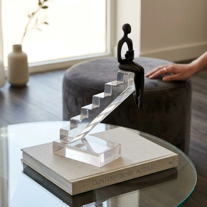 Abstract Reading Man StairSculpture Clear Acrylic Stairs Resin Thinker Figurine Modern HomeDecor Office Desktop Statue Ornament