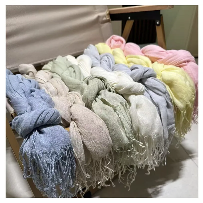

Elegant Women Sun Protection Linen Scarf Thin Solid Color with Tassels Cotton-Linen Beach Shawls and Scarves