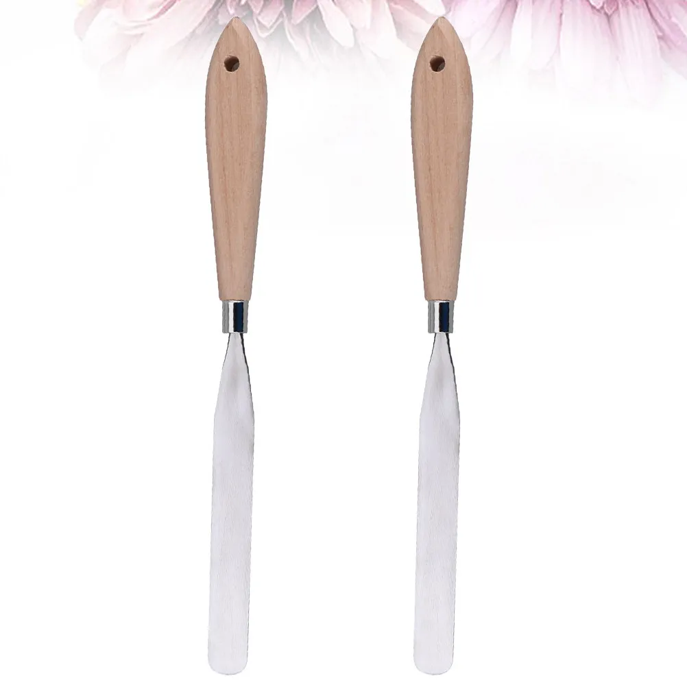 2Pcs Oil Painting Spatula Wood Handle Stainless Steel Scraper Pigment Mixing Tool for Professional Artists and Hobbyists