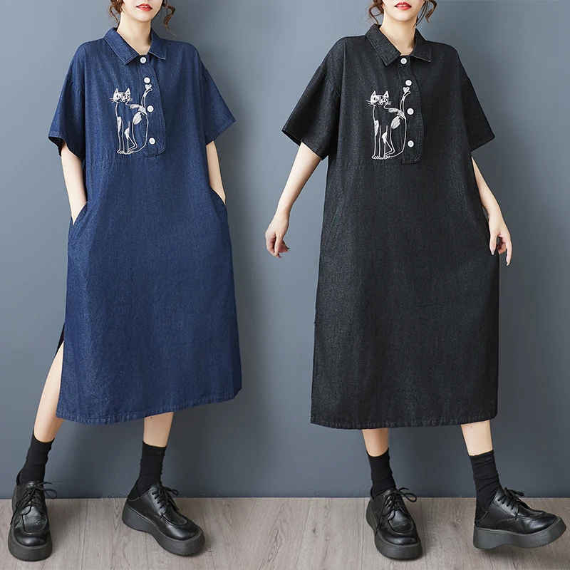 Neue Sommer Lose Gestickte Denim Dr Sweatshirt Sle Mid-Länge Casual frauen Faion Retro plus Größe Über-knie Dr