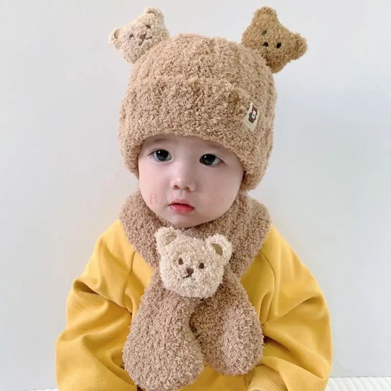 C9GB Plush Hat Baby Hat Neck Scarf Set Baby Supplies Bear Neckerchief Beanie