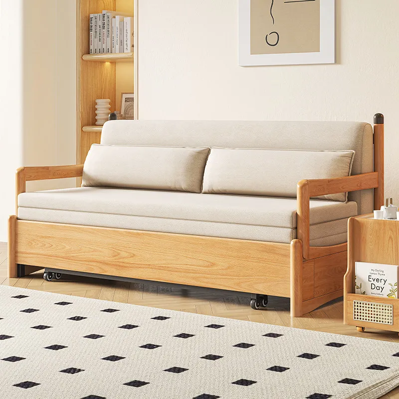 Japanese-style solid wood sofa bed push-pull multi-function folding bed dual-purpose Nordic log small apartment living room simp
