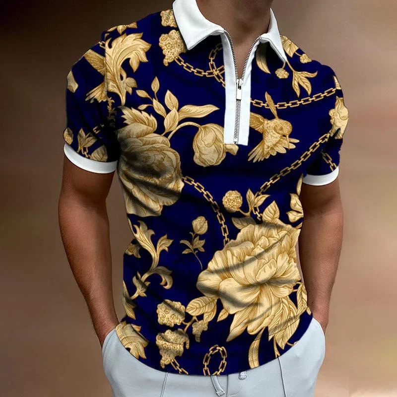 

Flower pattern Polo Shirt for Men Hawaiian 3D Print Zipper Polo Short Sleeve Summer Shirt