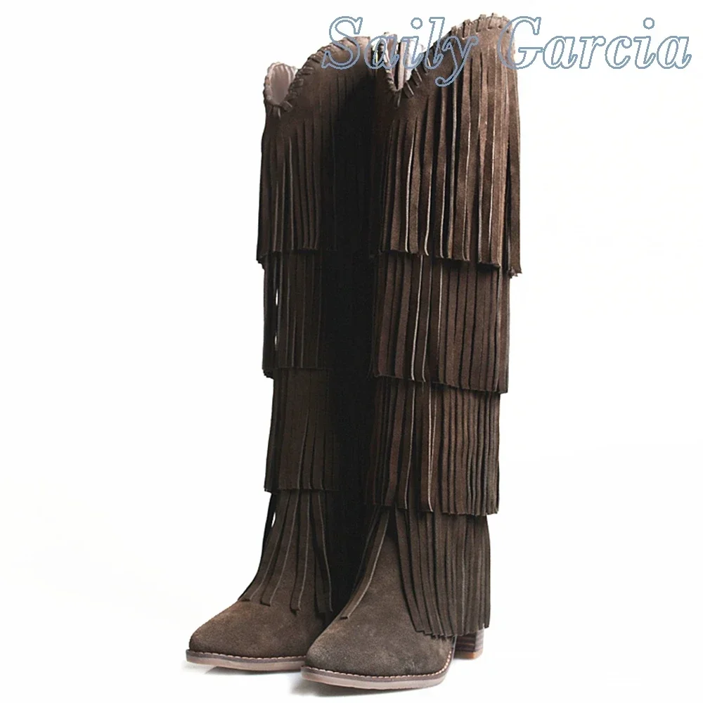 Vintage Fringe Chunky Heel Pointed Toe Boots Solid Side Zipper Modern Fashion Knee High Boots 2026 Winter New Women Shoes