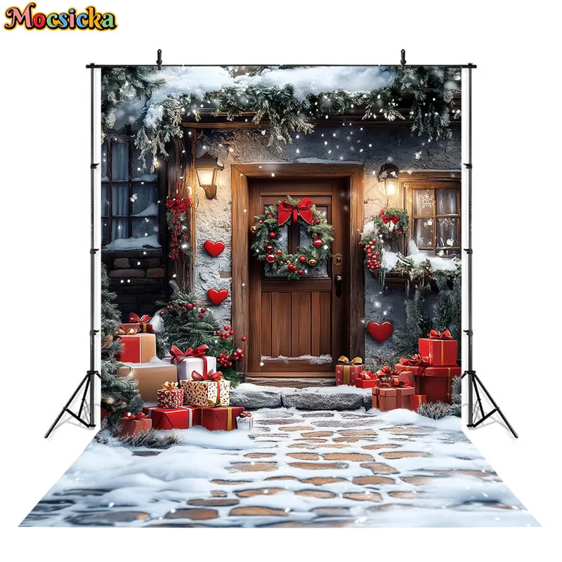 Mocsicka Christmas Background Photography Door Wreath Gifts Snow Xmas Tree Decor Kids Baby Photo Backdrop Shooting Props Studio