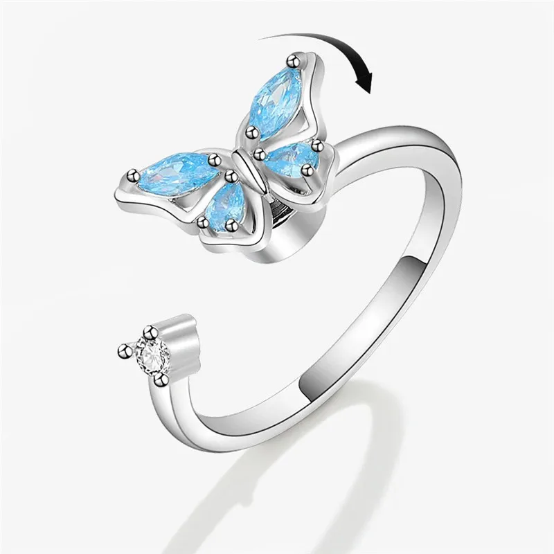 Luxuriöser Schmetterlings-Sonnenblumen-Fidget-Spinner-Ring gegen Angstzustände für Frauen, Kristallblumen-Angst-Fingerringe, Anti-Stress-Hochzeitsschmuck