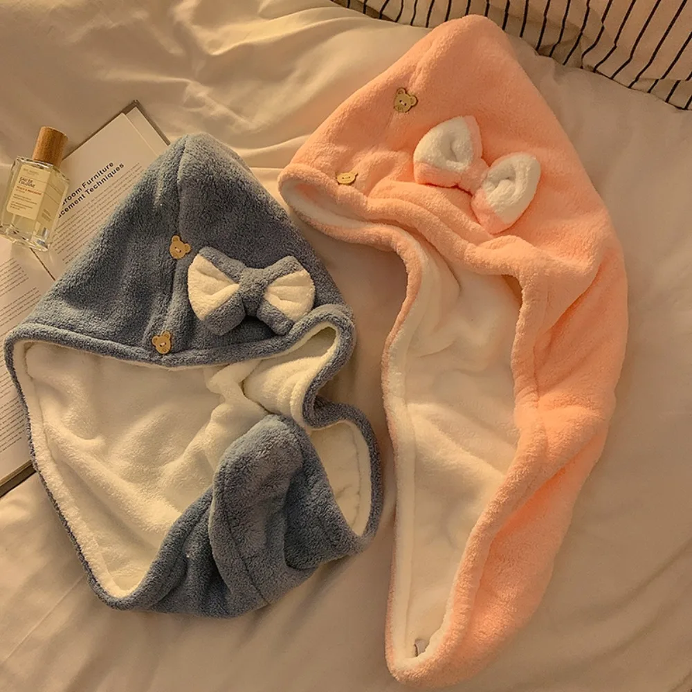 Double Layer Thickened Cute Bow Hair Towel Super Absorbent Quick Dry Hair Drying Cap For Women