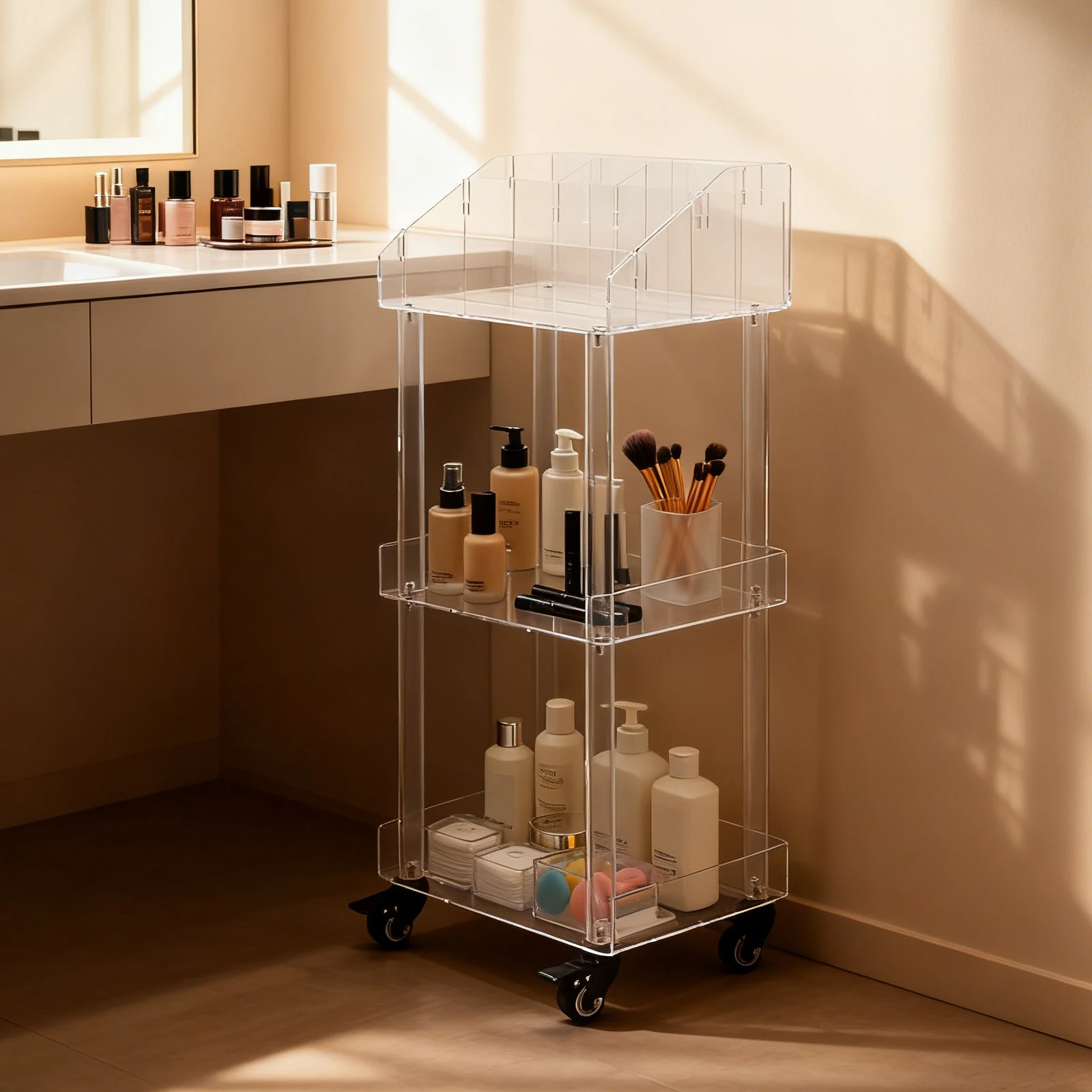 

3-Tier Acrylic Cosmetic Storage Cart with 4 Locking Wheels Removable Dividers Makeup Organizer Rack for Bathroom Bedroom Vanity