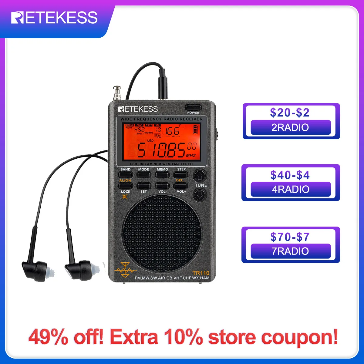 Retekess TR110 Radio FM Receiver Portable SSB Shortwave Radios AM FM All Waves Band CB AIR Band Ham Radio SW MW LSB VHF UHF NOAA