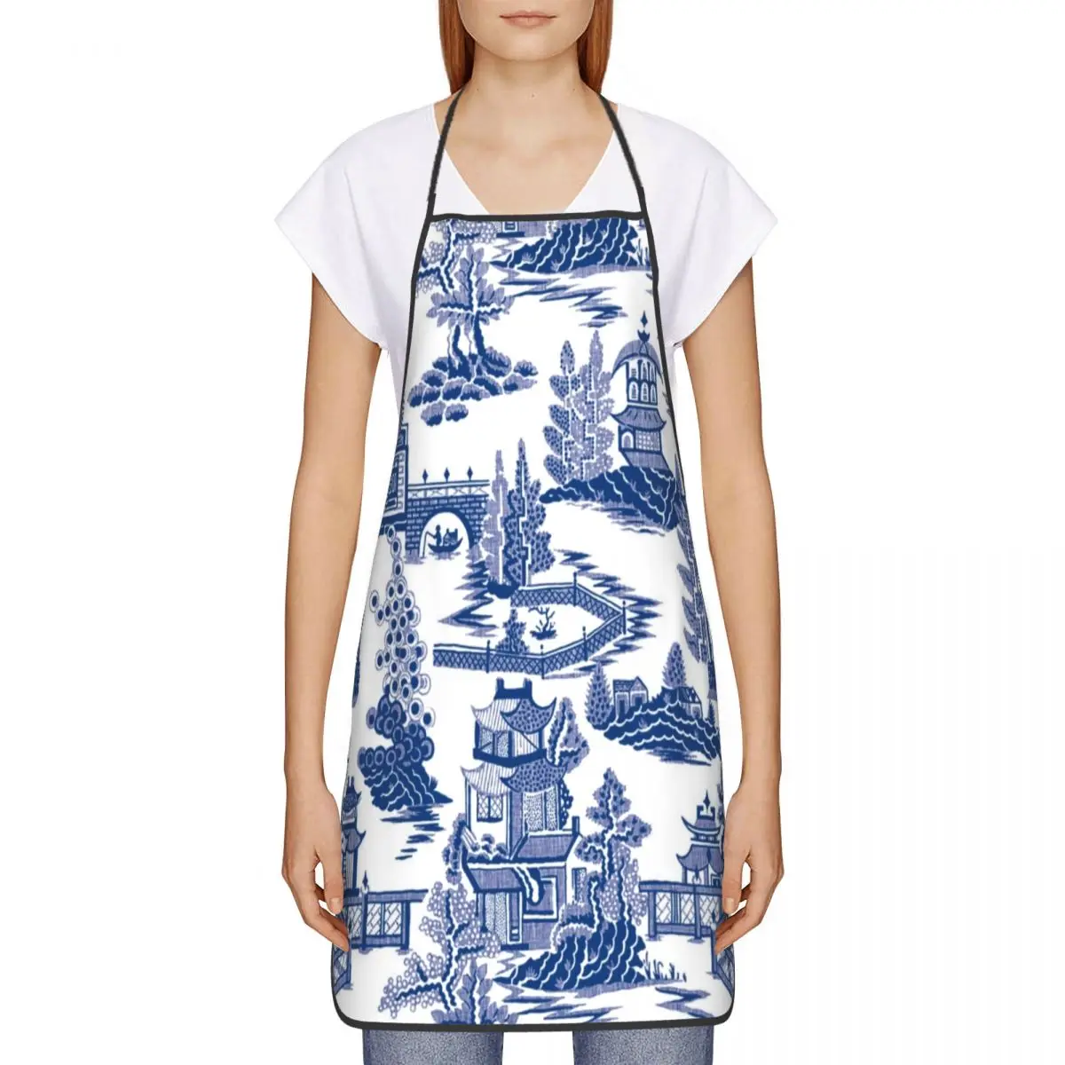 Custom Bib Blue Willow Ancient Ming Porcelain Apron for Men Women Adult Chef Kitchen Cooking Chinoiserie Pattern Tablier Cuisine