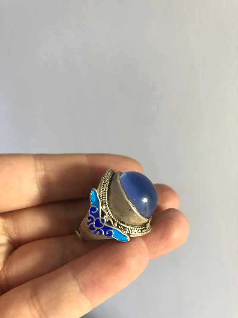 Antique‑Style Old Silver Ring, Cloisonne Craft With Star Gemstone Inlay, Vintage Curio Decorative Finger Ornament