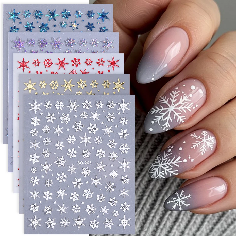 5 Farben Weihnachten Nail Art Aufkleber 3D Winter Schneeflocken Neujahr Nagelaufkleber Selbstklebende Slider DIY Maniküre Dekoration ﻿
