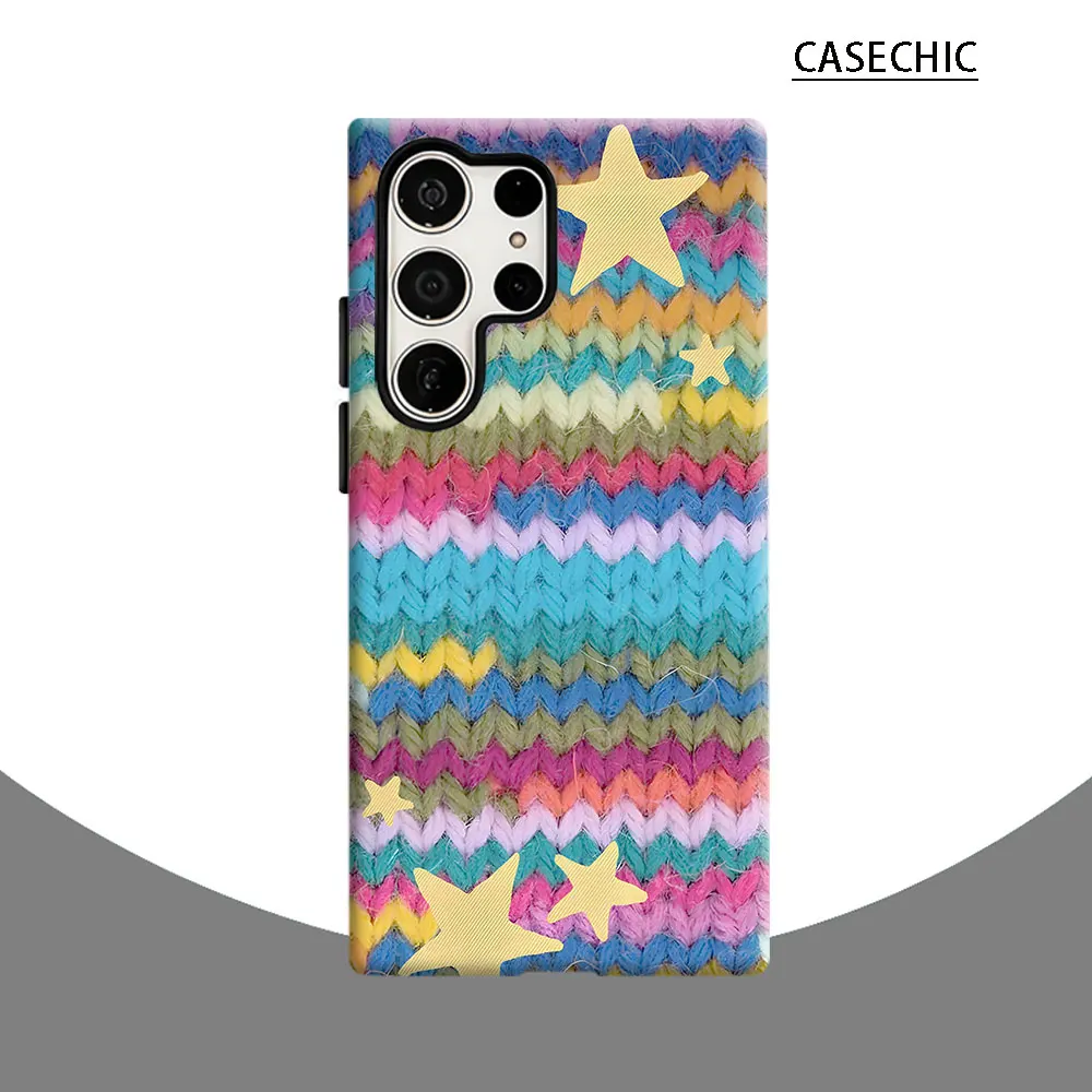 Rainbow Knit Stars Phone Case for Samsung Galaxy S26 S25 Ultra S24 S23 Ultra Plus Shockproof Double layer tough Back Cover