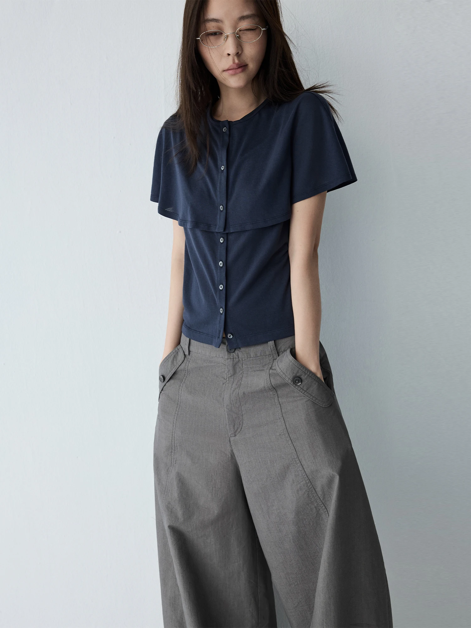 Deep Blue HaveRice Restaurant Twin Set Soft Cool Feeling Casual Style Women's T-Shirt Knitted Short Sleeve Slim Fit Summer