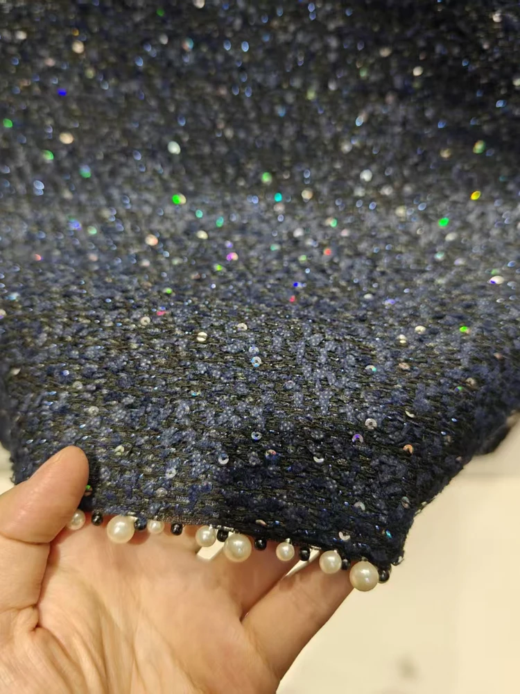 الرجعية اليدوية تويد التلبيب الأزرق الأعلى زرر الترتر ملابس خارجية للنساء الفاخرة Sle الوقوف صالح طويل Sve معطف الخريف