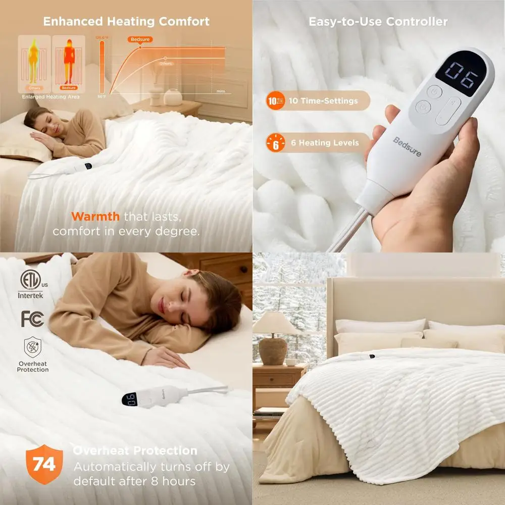 

Twin Size Thick Striped Flannel Electric Blanket with 10 Timer Options, 6 Heat Levels, and 8-Hour Auto-Off for Grandma (62x84, W