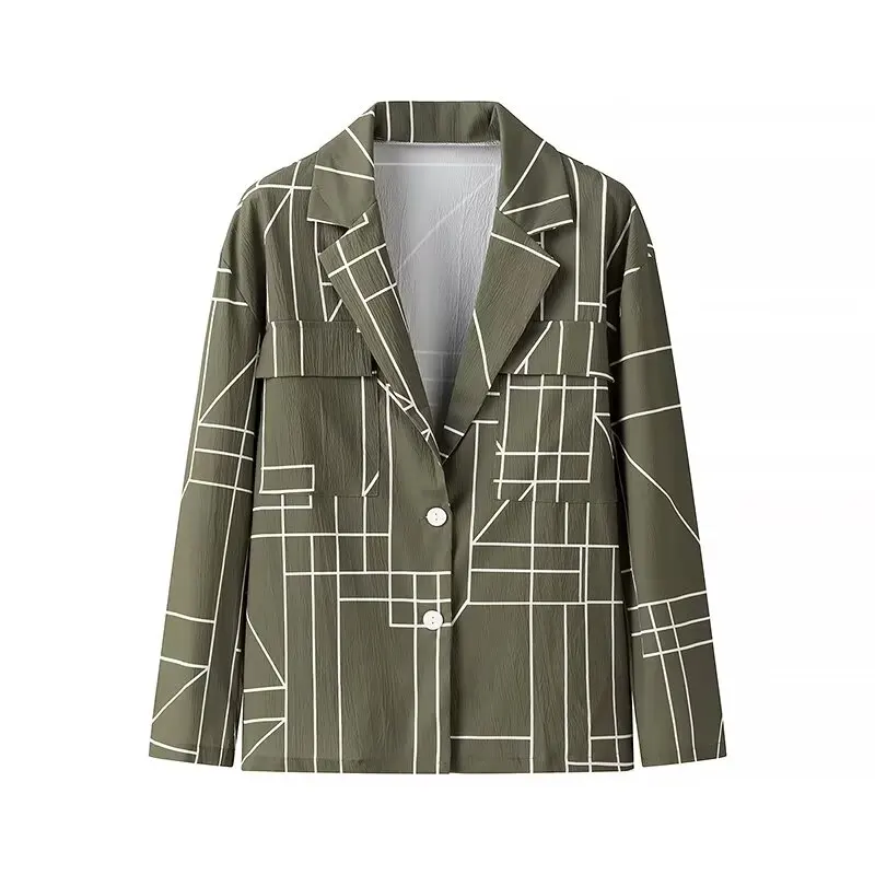 

TRAFZA 2024 Autumn Women ArmyGreen Geometric Plaid Print Loose Blazer Top Woman Lapel Long Sleeves Front Pocket Chic Blazer