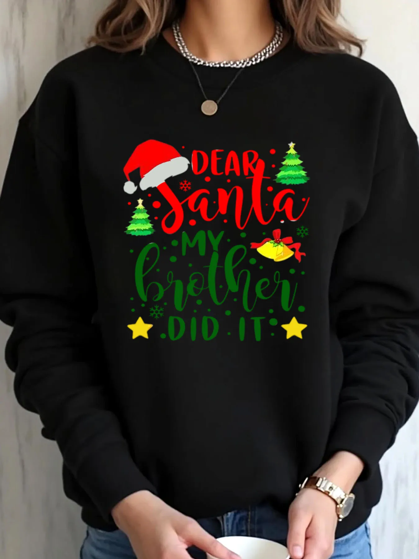 سويت شيرت نسائي كبير الحجم لعيد الميلاد سانتا أخي طباعة ملابس خارجية