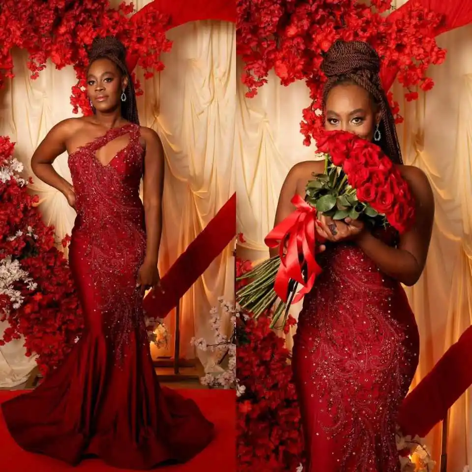 

Sexy Mermaid Prom Gowns One Shoulder Sleeveless Evening Dresses Sweep Train Beaded Banquet Party Customized