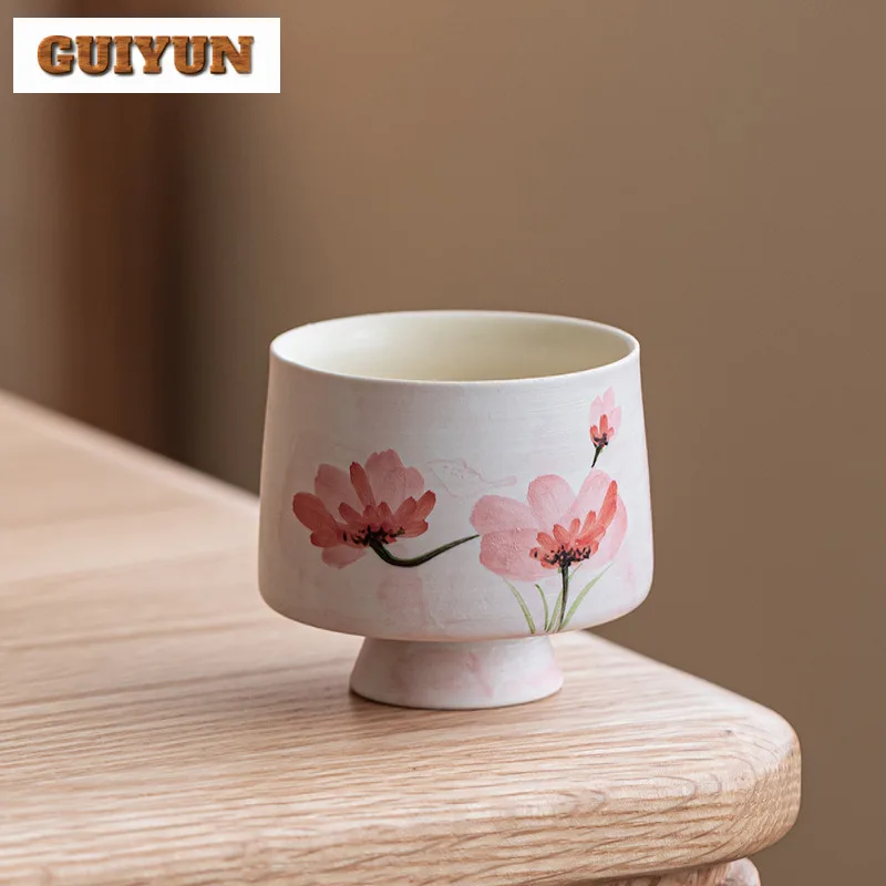 

2pc/lot Hand-painted Corn Poppy High Foot Teacup Retro Tea Bowl Mug Tea-tasting Fragrance Cup Jianzhan Master Cups Tea Set 60ml