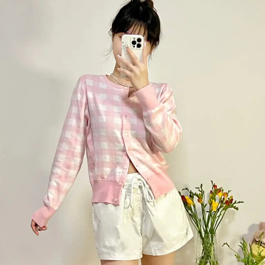 

Women's round Neck Cardigan Top Jacket Raff Embroidered Pony Mark Knitted Plaid Slimming Short Sweater