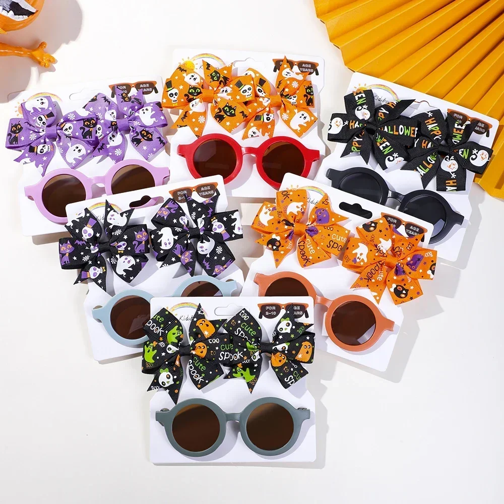 

2Pcs/Set halloween Cute Printed Bow Headband For Kids Cool Girls Boys Sunglasses Solid Color Bows Headwear Hair Accessories