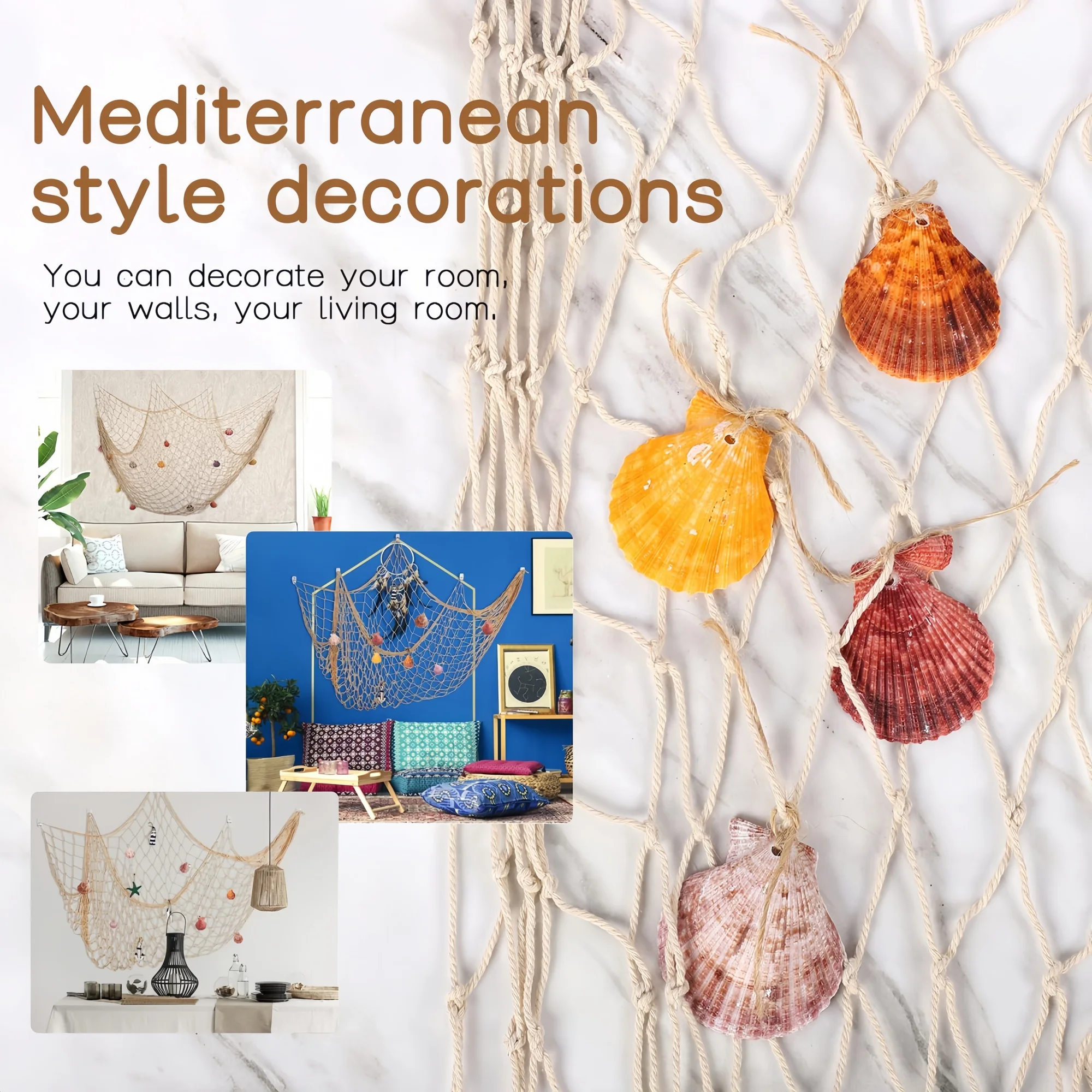 Fischnetz-Wanddekoration mit Muscheln - Dekoratives Fischernetz im nautischen mediterranen Stil aus Baumwolle zum Aufhängen von Fotos – Detail 5