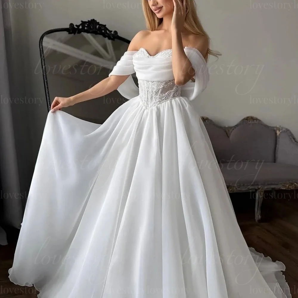 맞춤형 A라인 우아한 신부 가운 오프숄더 스위트하트 웨딩 드레스 튤 레이스 신부 드레스 웨딩드레스