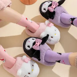 Sanrio Hello Kitty Cartoon Furry House Shoes Cinnamoroll Melody Kuromi Women Winter Plush Non Slip Slippers Cute Flat Shoes