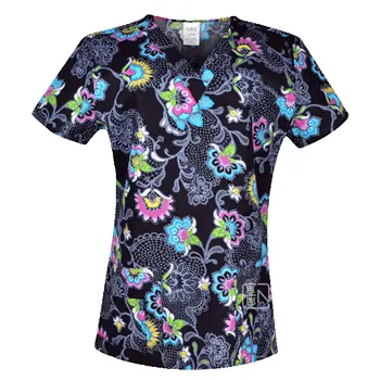 Hennar 여성용 스크럽 탑, 100% 프린트 코튼 유니폼, V넥 반팔 XXS-3XL, 병원 클리닉 스크럽 탑