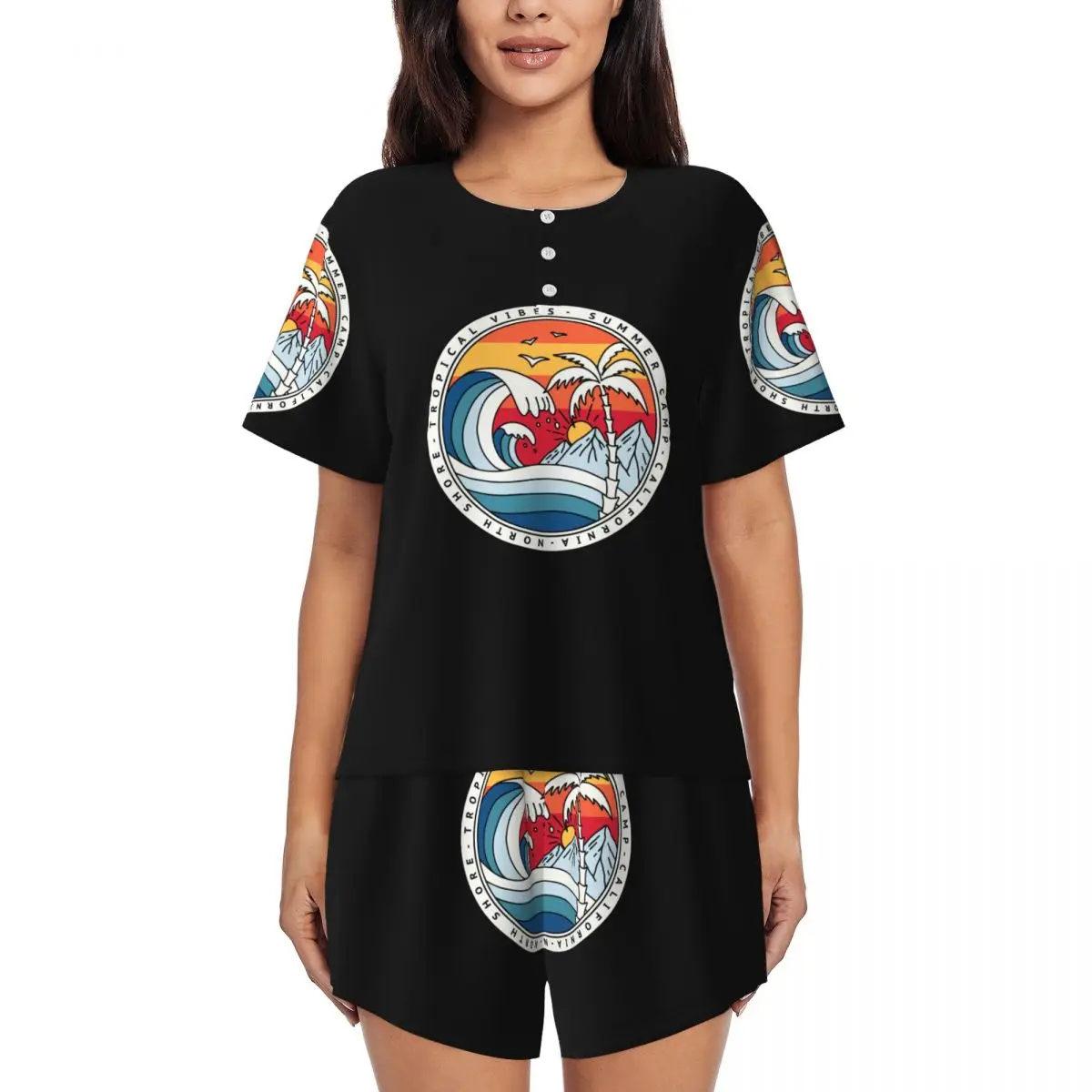 

Изготовленные на заказ пижамные комплекты для пляжного серфинга в Калифорнии для женщин, летние пижамные комплекты из 2 предметов для серфинга с короткими рукавами, шорты для сна