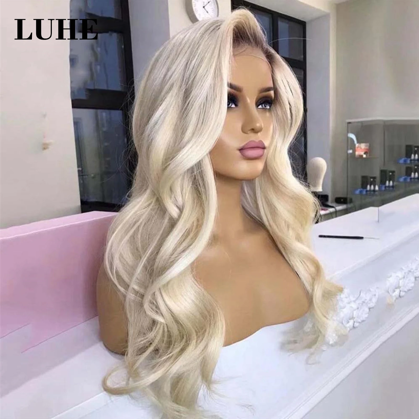 Ombre Platinum Blonde Body Wave Synthetic Hair Wigs 13x3 Lace Front Wigs For Women 30 Inch Dark Root Long Wavy Lace Frontal Wig