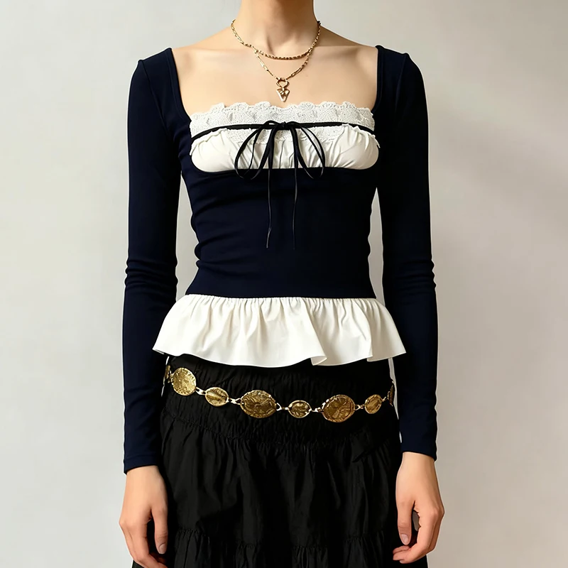 

French Style Sweet Contrast Color T-Shirt Slim Lace Trim Square Collar Long Sleeve Tees Women 2025 Autumn Spring Fashion Lady