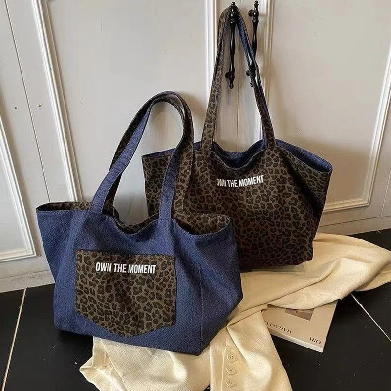

Korean Style Reversible Tote Bag for Women, Leopard & Denim Canvas Shoulder Bag, Large Capacity Casual Commuter Shopper