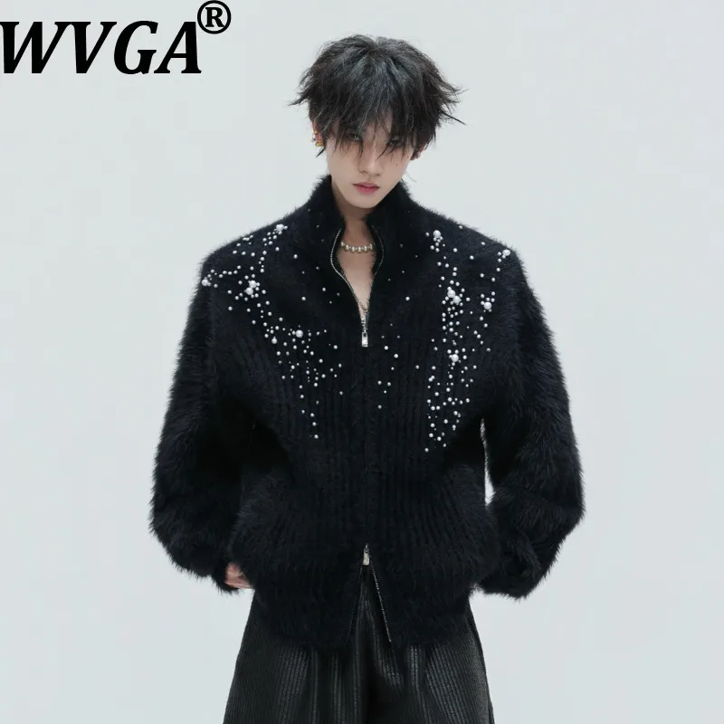 

WVGA Autumn Winter New Man Tide Neck Pearl Embellished Trendy Sweater Niche Casual Cardigan Elegant Thick Knitted Top Ins W14407