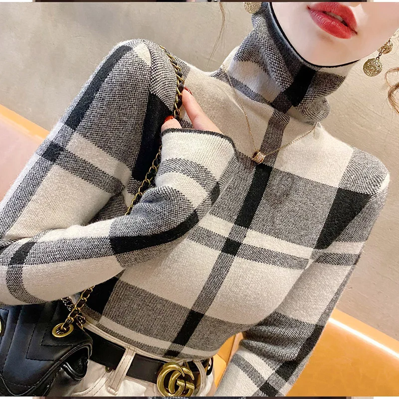 

Autumn Winter Vintage Casual Knitwear Tops Women Clothing Fashion Plaid Turtleneck Sweaters Elastic Slim Soft Wool Pullovers