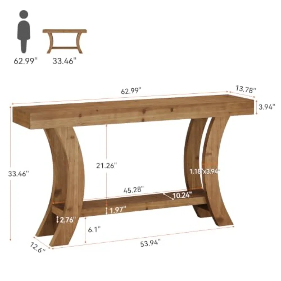 Farmhouse solid wood console table for living room, natural wood color, spacious storage shelf and rustic charm view 2