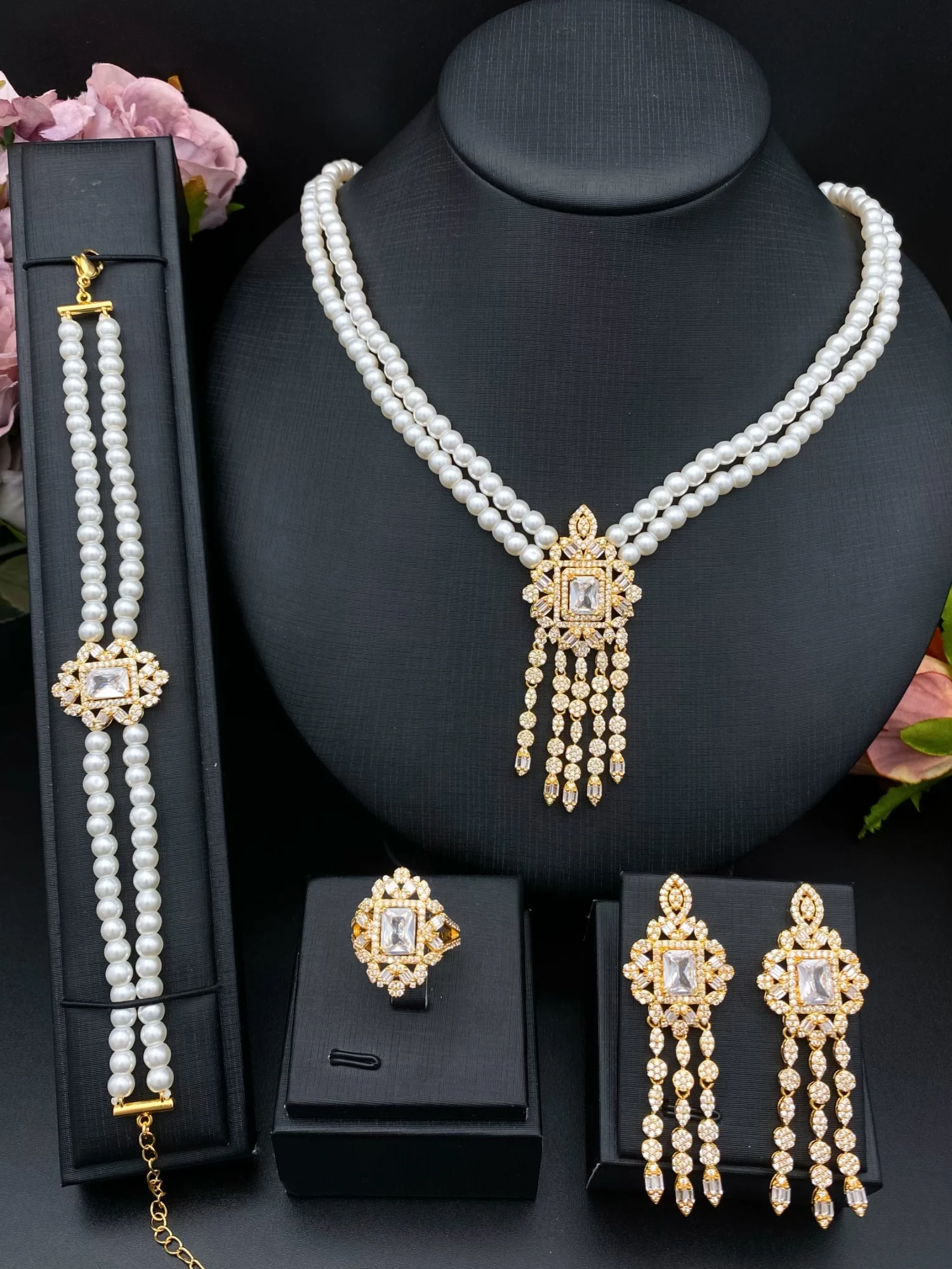 

Комплект из четырех предметов с жемчугом Falair, ожерелье в винтажном стиле, серьги, браслет и кольцо, женские модные аксессуары, идеальный подарок для