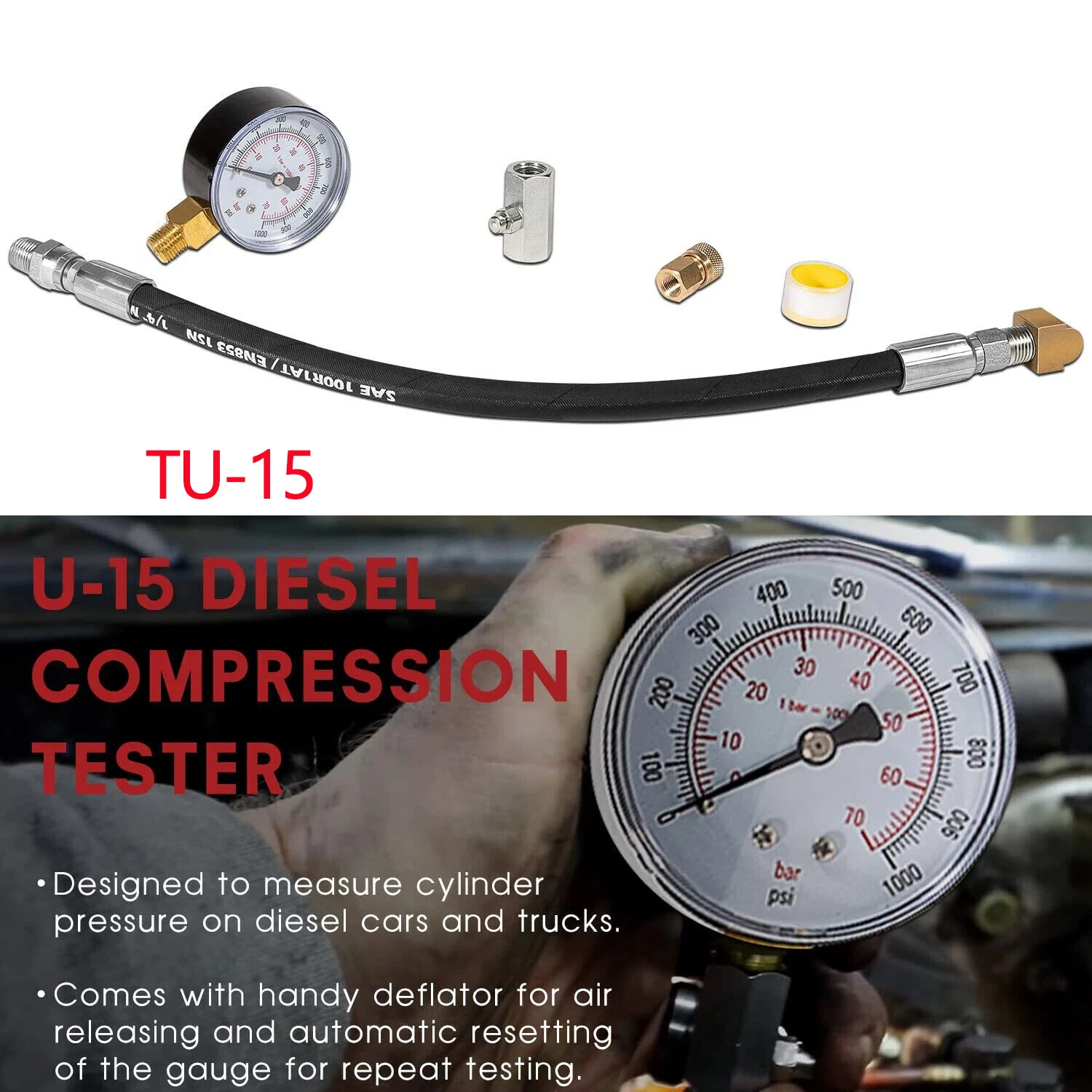 

TU-15 Инструмент для измерения давления топлива с манометром 0-1000 psi и 0-70 бар, для измерения давления цилиндра на большинстве дизельных автомобилях