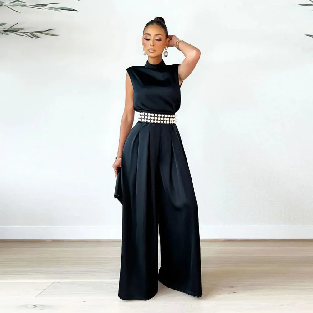2024 Fashion Woman Party Jumpsuit Solid Sleeveless High Waist Wide Leg Rompers Club Office Ladty Vintage Pants
