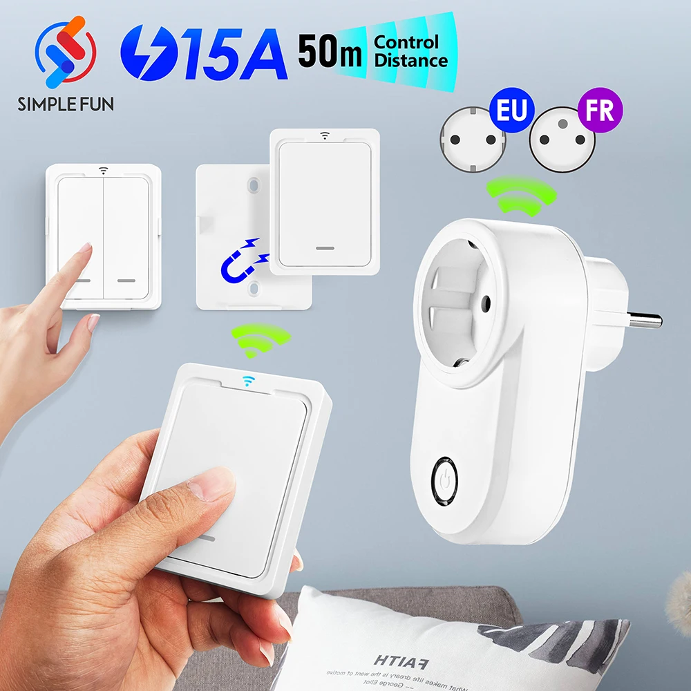 

433MHz EU FR Wireless Smart Outlet 15A 220V Remote Control Plug,Wireless Wall Panel Switch,Electrical Socket for Home Appliance