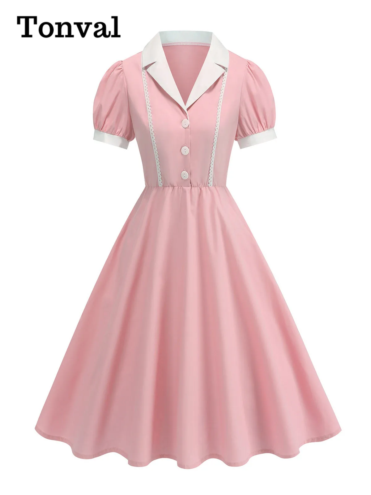 Tonval-vestido Vintage Pinup con cuello entallado y manga abombada para mujer, ropa de verano con botones delanteros, vestidos con detalle de encaje, 2026