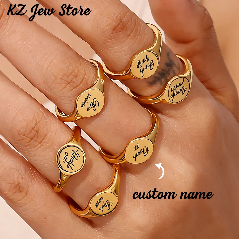 

Custom Punk Women Men Signet Ring Chunky Round Name Logo Stainless Steel Anillos New Jewelry Female Wedding 6-9 Size Ring Gift